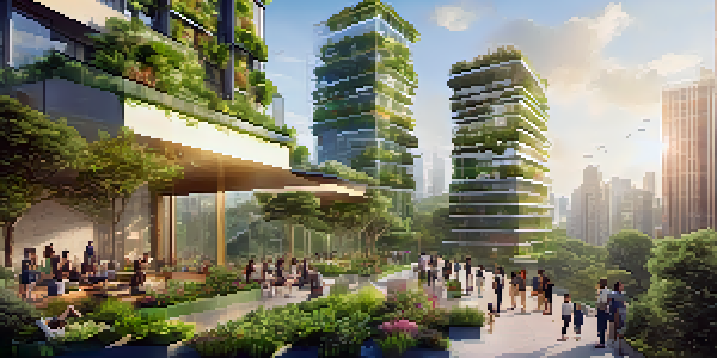 A modern city skyline showcasing eco-friendly buildings with vertical gardens and solar panels, people enjoying a park.
