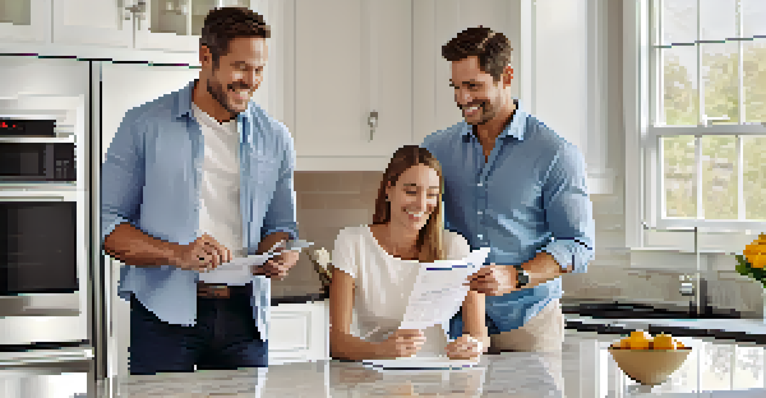 A real estate agent showing a home warranty document to a couple in a bright, modern kitchen.