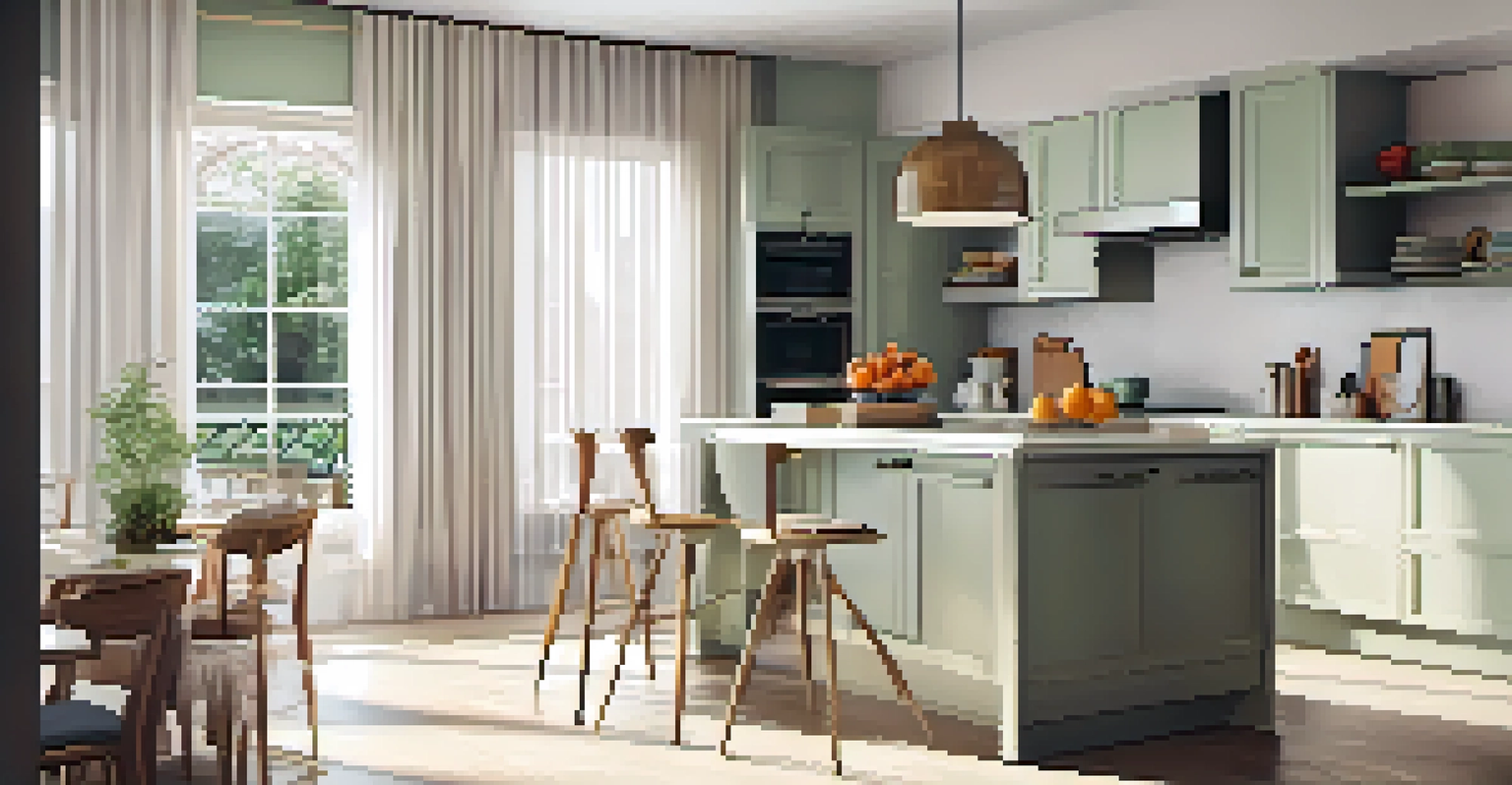 A compact urban kitchen with a small dining table, fresh fruit, and light-colored cabinetry illuminated by natural light.