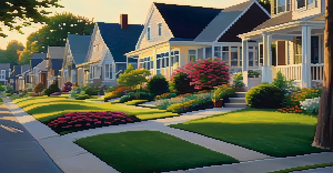 A peaceful suburban neighborhood at sunset with well-maintained houses and residents walking dogs.