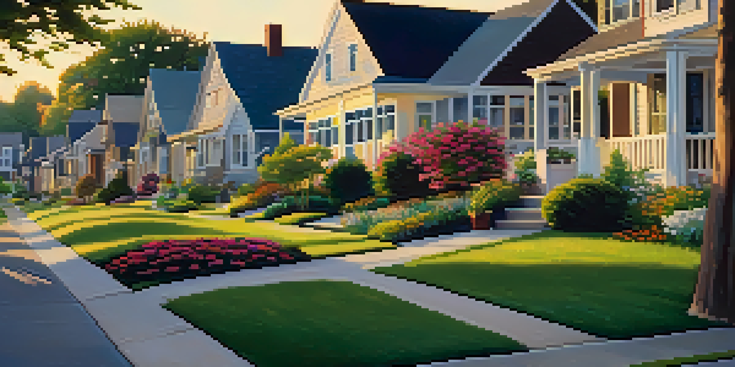 A peaceful suburban neighborhood at sunset with well-maintained houses and residents walking dogs.
