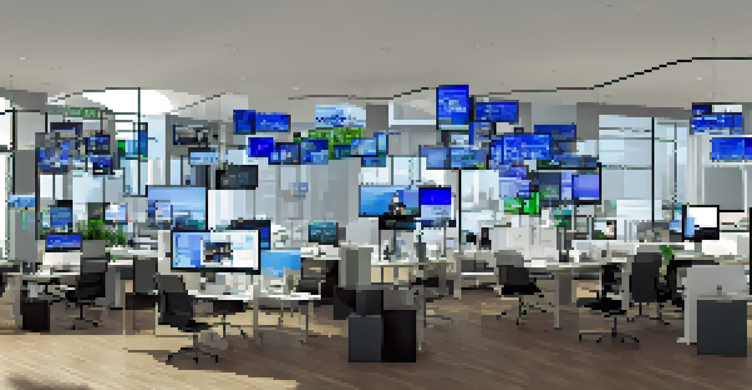 A vibrant real estate agent's office with technology and agents discussing market analytics.