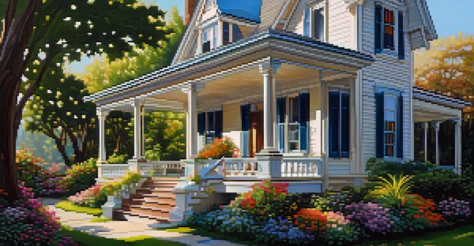 A restored historic home with intricate architecture and a lush garden under a clear sky.