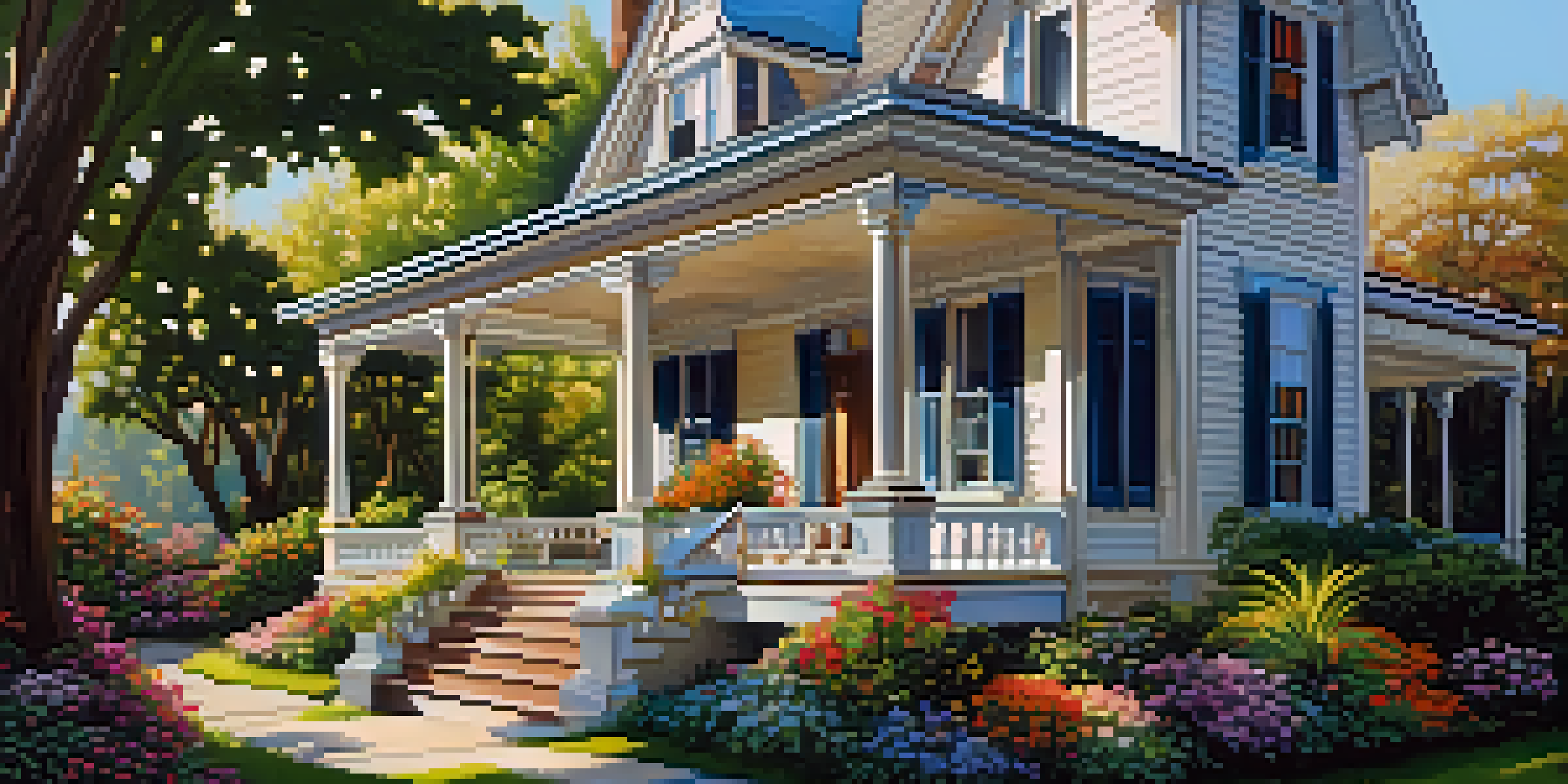 A restored historic home with intricate architecture and a lush garden under a clear sky.