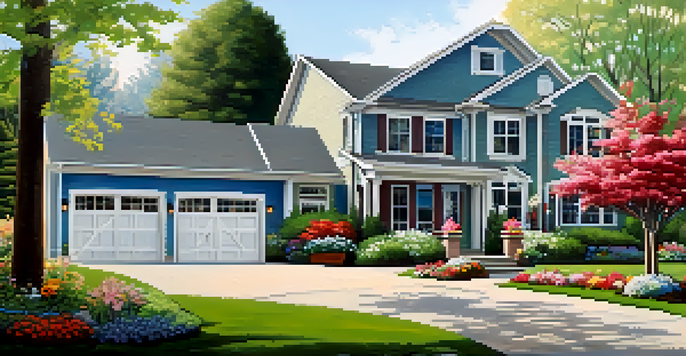 A bright suburban home with attractive landscaping, vibrant flowers, and a clear sky, showcasing excellent curb appeal.