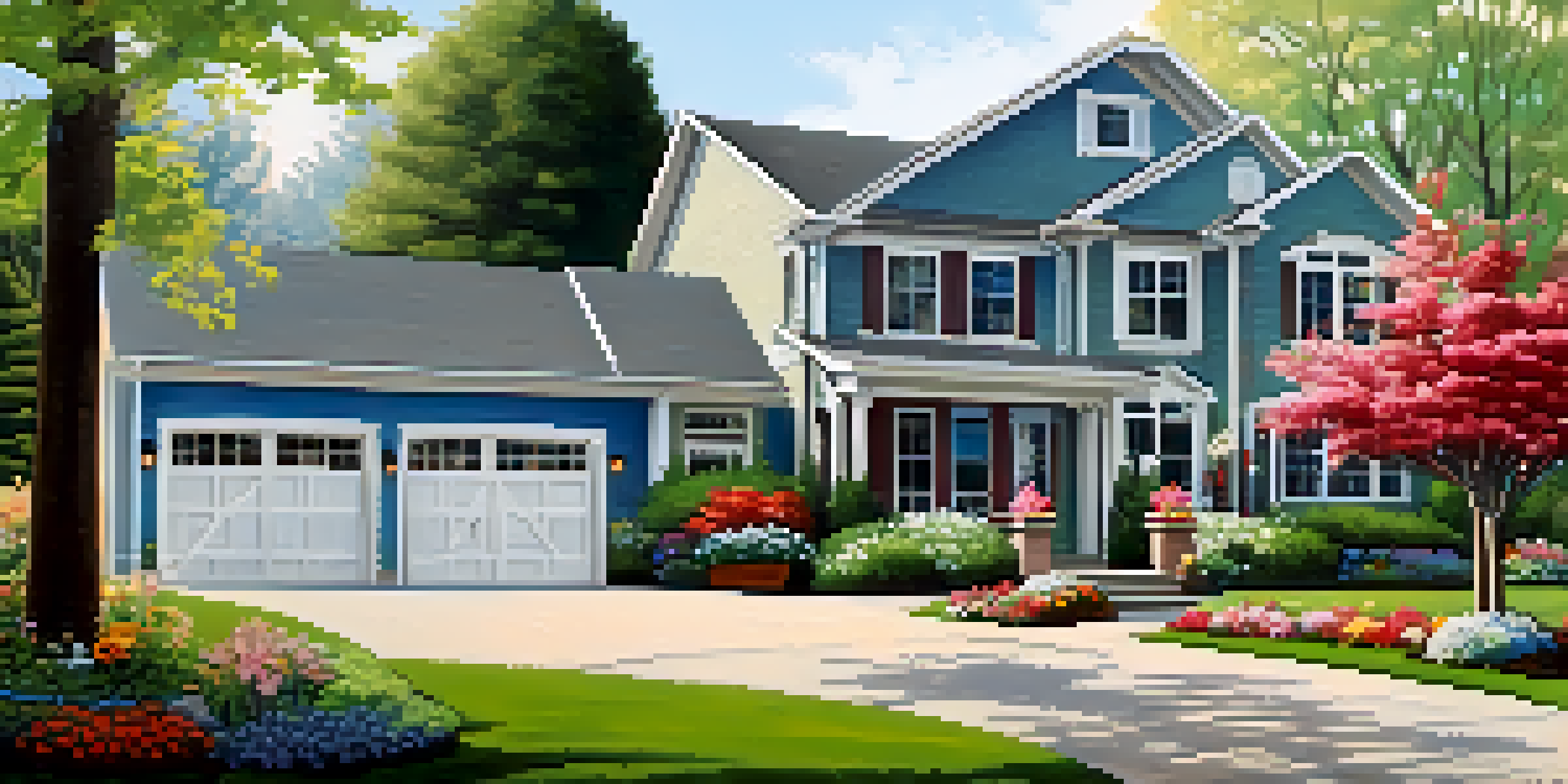A bright suburban home with attractive landscaping, vibrant flowers, and a clear sky, showcasing excellent curb appeal.