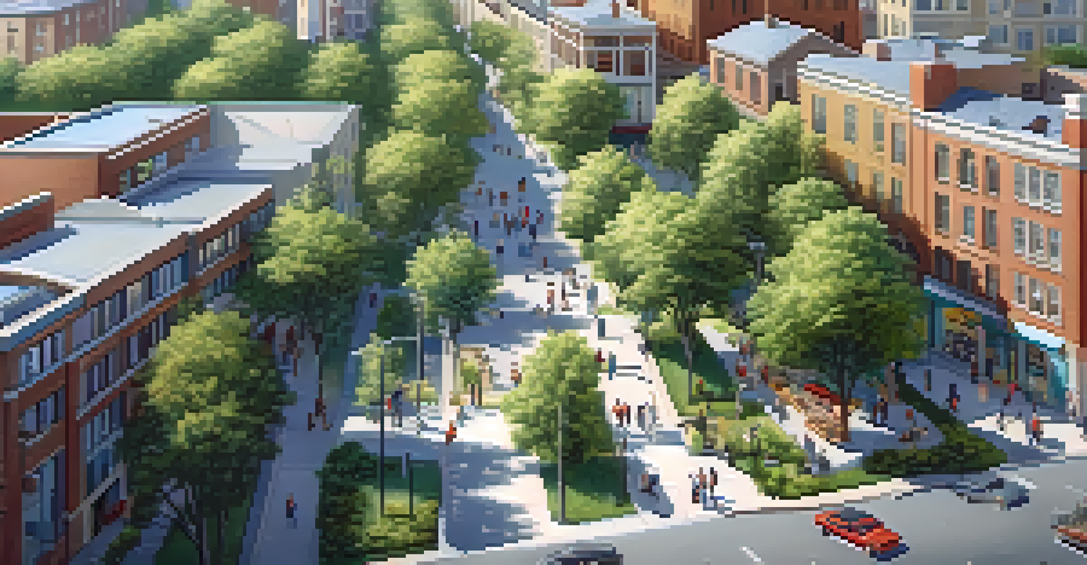 An aerial view of a vibrant city neighborhood with parks, shops, and people enjoying outdoor activities, highlighting the blend of nature and urban life.