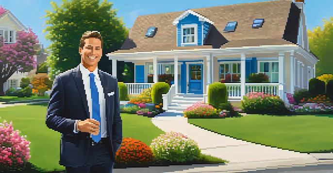 A real estate agent outside a suburban home with a 'For Sale' sign, smiling and talking to a couple.