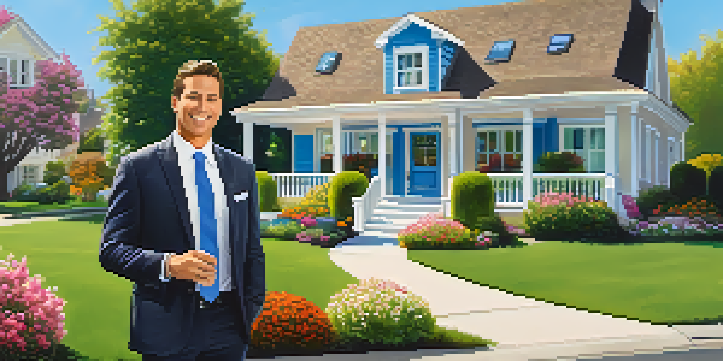 A real estate agent outside a suburban home with a 'For Sale' sign, smiling and talking to a couple.