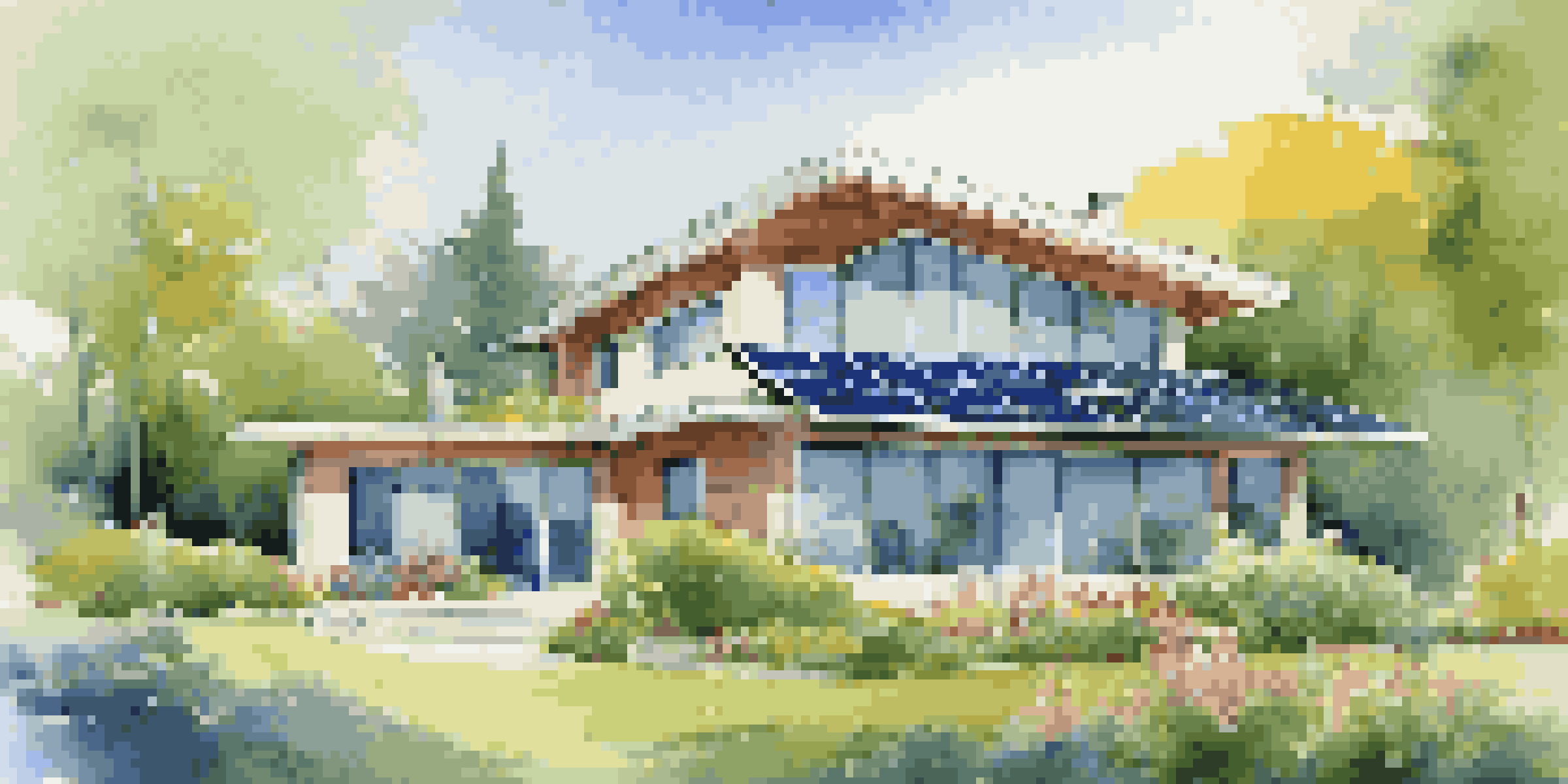 A modern house with solar panels and large windows, surrounded by greenery and flowers on a sunny day.