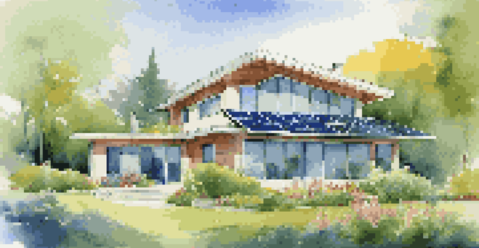 A modern house with solar panels and large windows, surrounded by greenery and flowers on a sunny day.