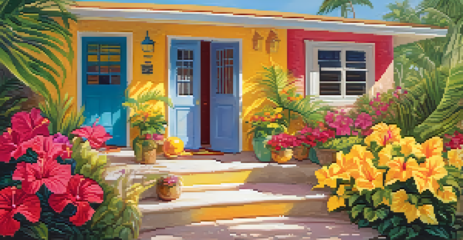 A sunny summer entrance with a yellow door, tropical plants, a colorful mat, and beach-themed decorations.