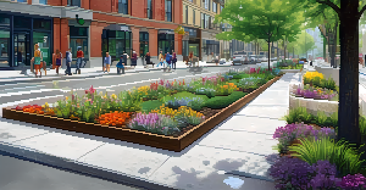 An urban rain garden beside a sidewalk, filled with native plants and collecting rainwater runoff.