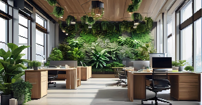 A bright office interior with large windows, plants, and wooden furniture, creating a warm and inviting atmosphere.