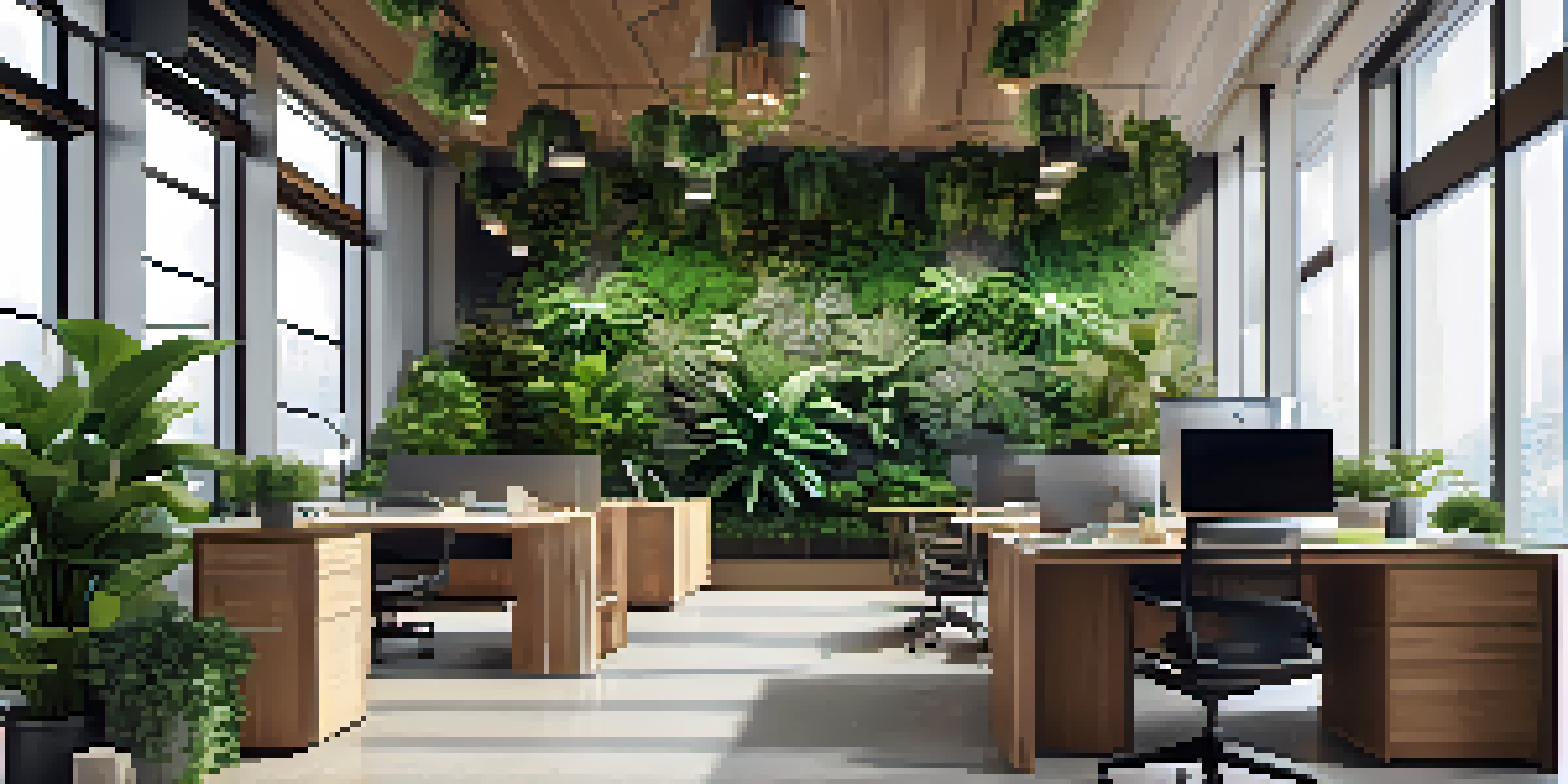 A bright office interior with large windows, plants, and wooden furniture, creating a warm and inviting atmosphere.