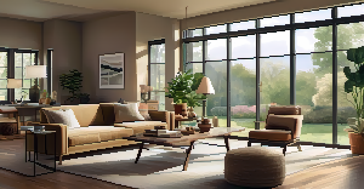 A bright and inviting living room with large windows, filled with sunlight and decorated with plants and warm furniture.