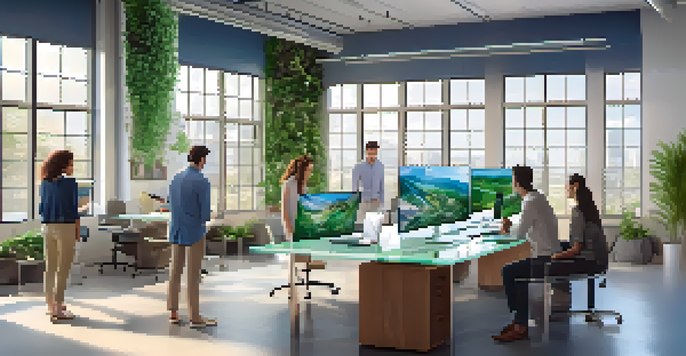 A group of young investors discussing real estate crowdfunding in a modern workspace with greenery and digital screens.