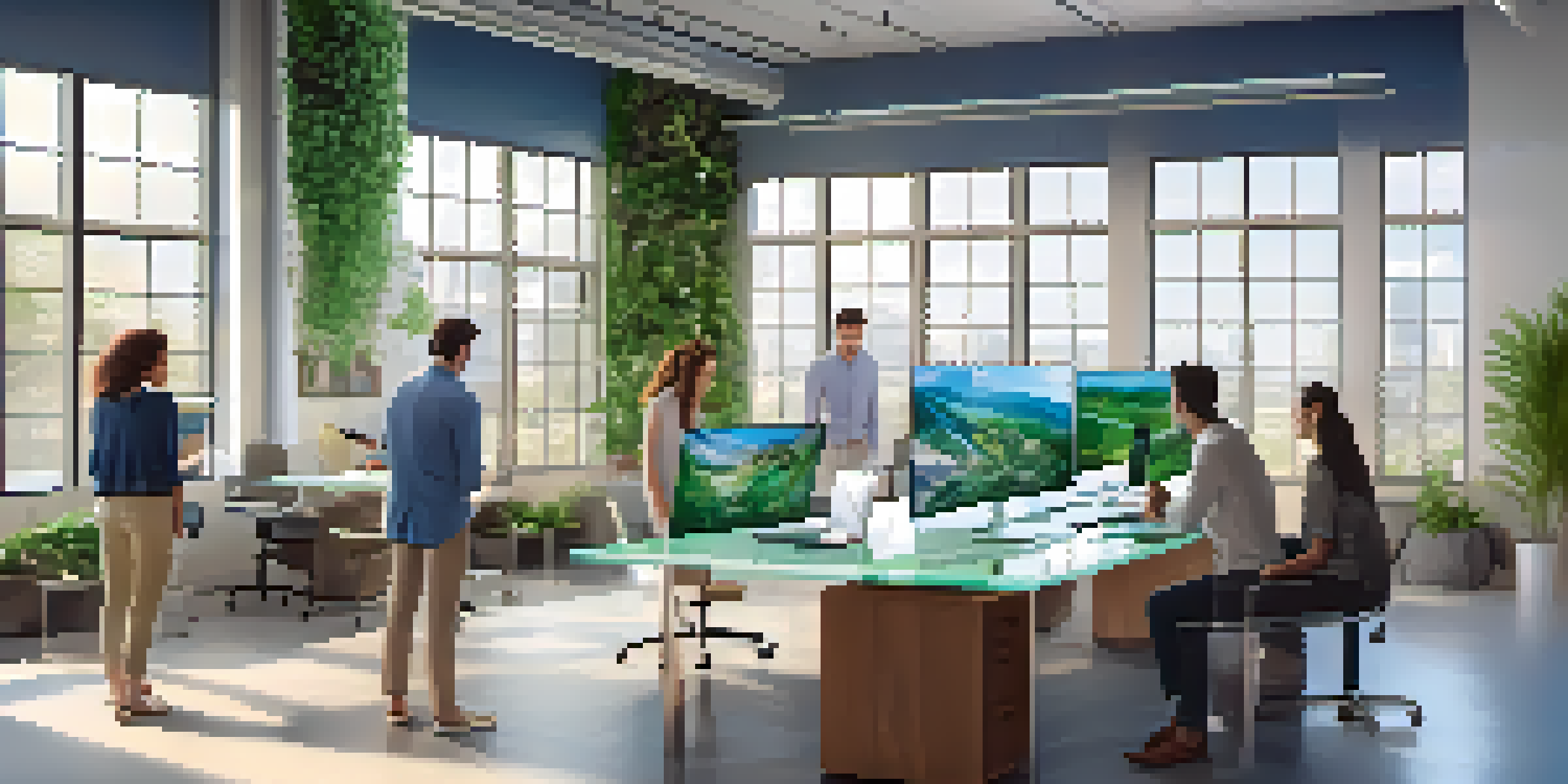 A group of young investors discussing real estate crowdfunding in a modern workspace with greenery and digital screens.