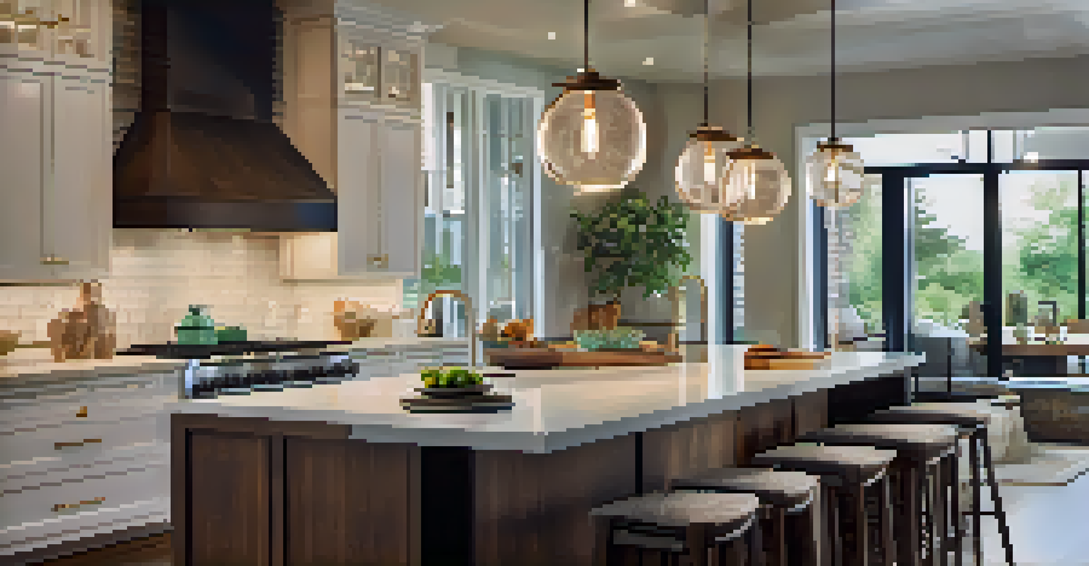 A close-up of an oversized pendant light over a kitchen island, showcasing its design and warm glow.