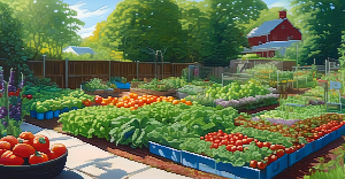 A colorful edible garden with various fruits and vegetables, including basil and tomatoes, with sunflowers and leafy greens, set in warm sunlight.