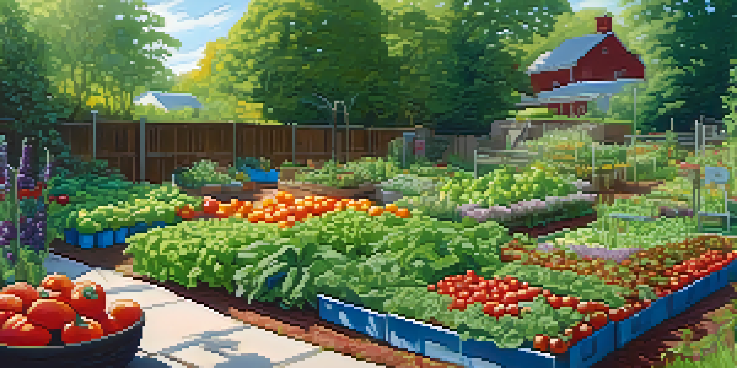 A colorful edible garden with various fruits and vegetables, including basil and tomatoes, with sunflowers and leafy greens, set in warm sunlight.