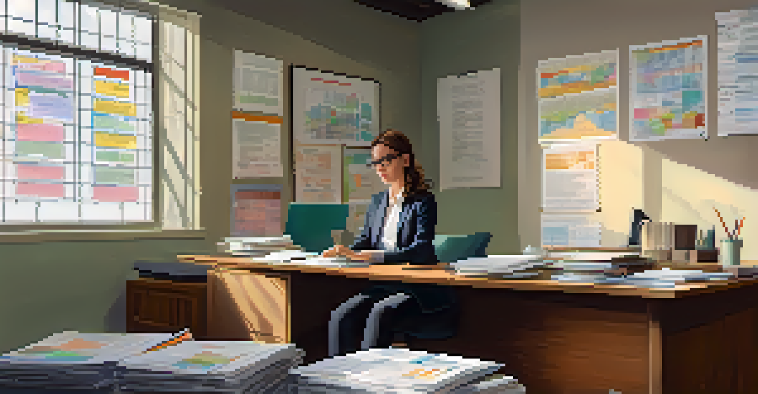 A tax professional in an office reviewing property records and documents.
