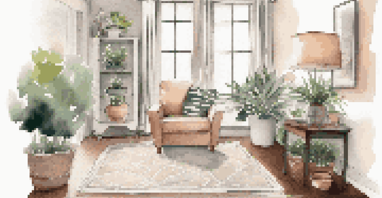 A comfortable living space corner with a plush armchair, a side table, and indoor plants, creating a warm and inviting environment.