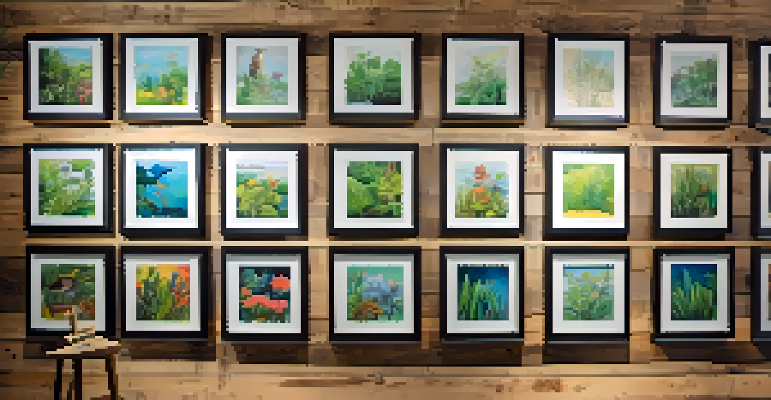 A gallery wall with nature-inspired art made from recycled materials and hanging plants, promoting sustainability.