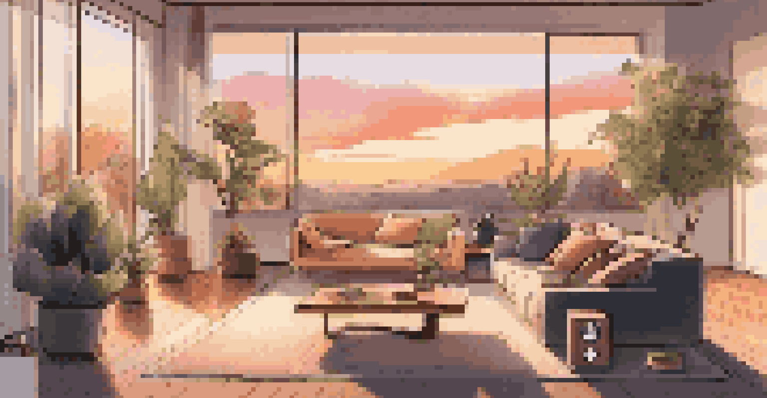 A cozy living room with a smart speaker on a coffee table, soft lighting, and a sunset visible through the window.