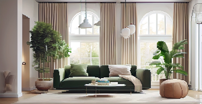 A modern living room with a smart thermostat on the wall, cozy sofa, and natural light coming through a large window.