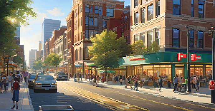 A vibrant urban landscape with a modern subway station, parks, busy streets, and diverse people enjoying the community.