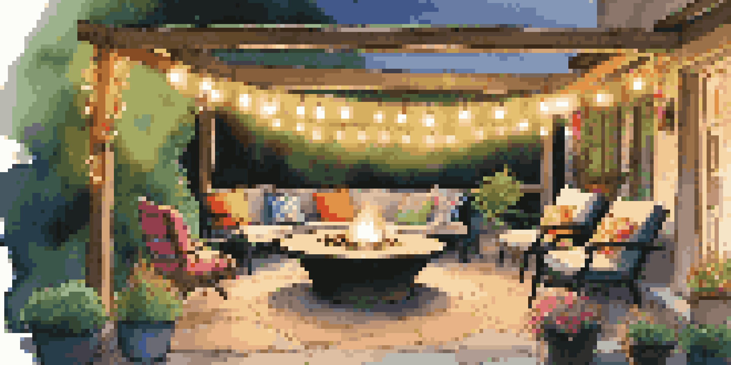A cozy outdoor seating area with a round table and comfortable chairs, decorated with colorful cushions and illuminated by string lights, alongside a fire pit and lush plants.