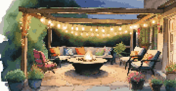A cozy outdoor seating area with a round table and comfortable chairs, decorated with colorful cushions and illuminated by string lights, alongside a fire pit and lush plants.