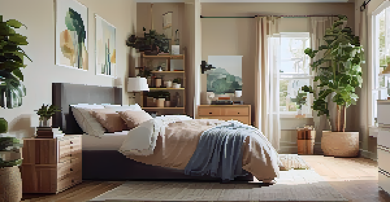 A stylish bedroom with under-bed storage visible, featuring a neatly made bed, natural light, and decorative elements creating a calming atmosphere.