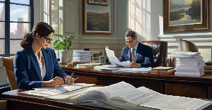 A notary public reviewing documents at her desk, with a young couple looking on attentively.