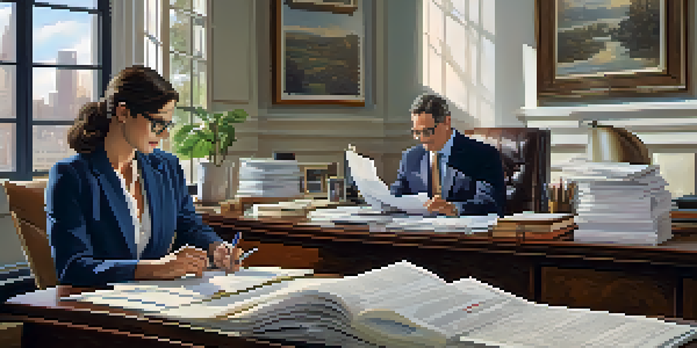 A notary public reviewing documents at her desk, with a young couple looking on attentively.