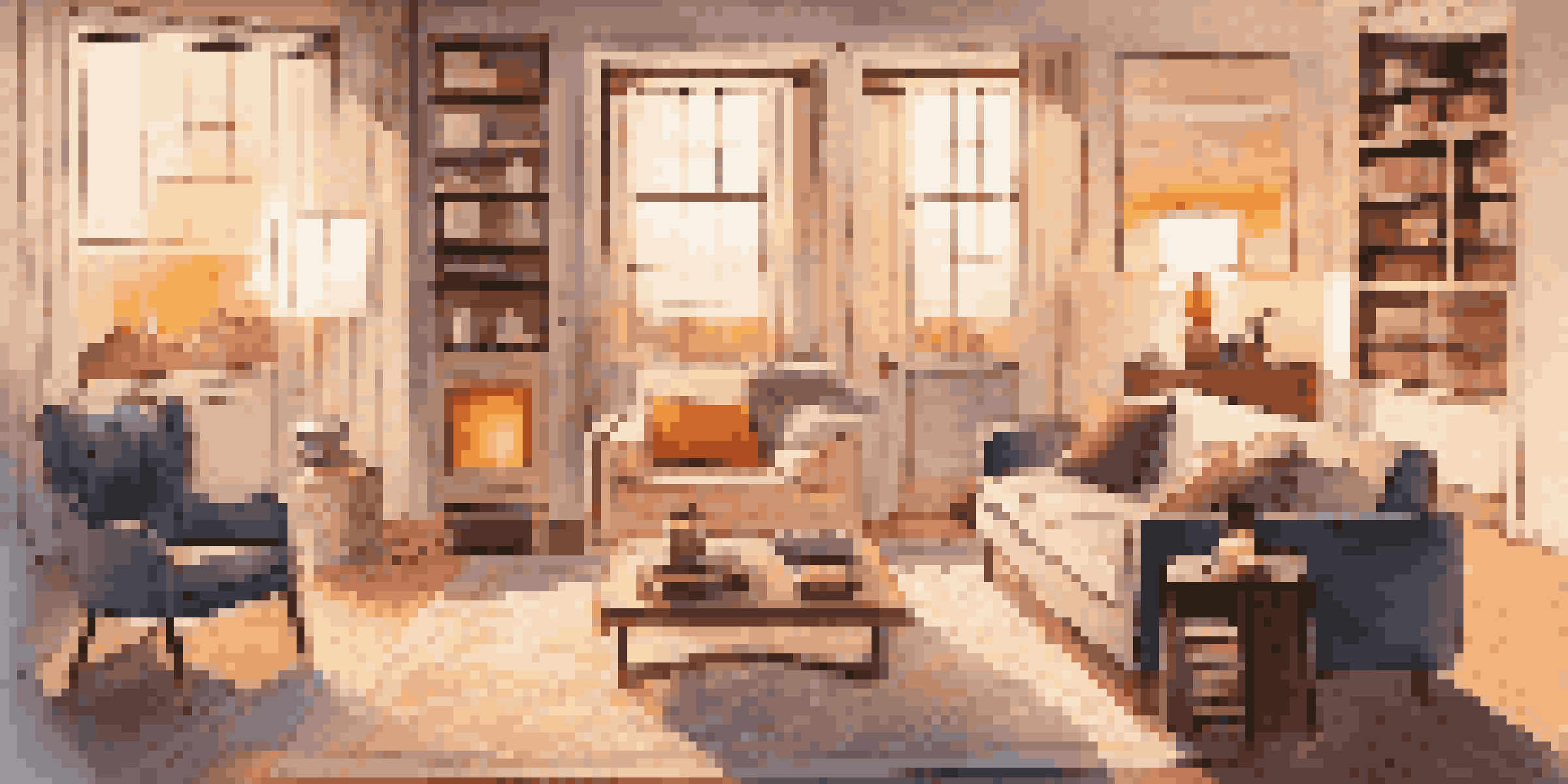 A cozy living room with smart home devices, including a smart speaker, warm light bulbs, and a digital thermostat, all in a softly lit environment.