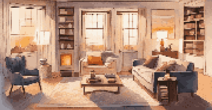 A cozy living room with smart home devices, including a smart speaker, warm light bulbs, and a digital thermostat, all in a softly lit environment.