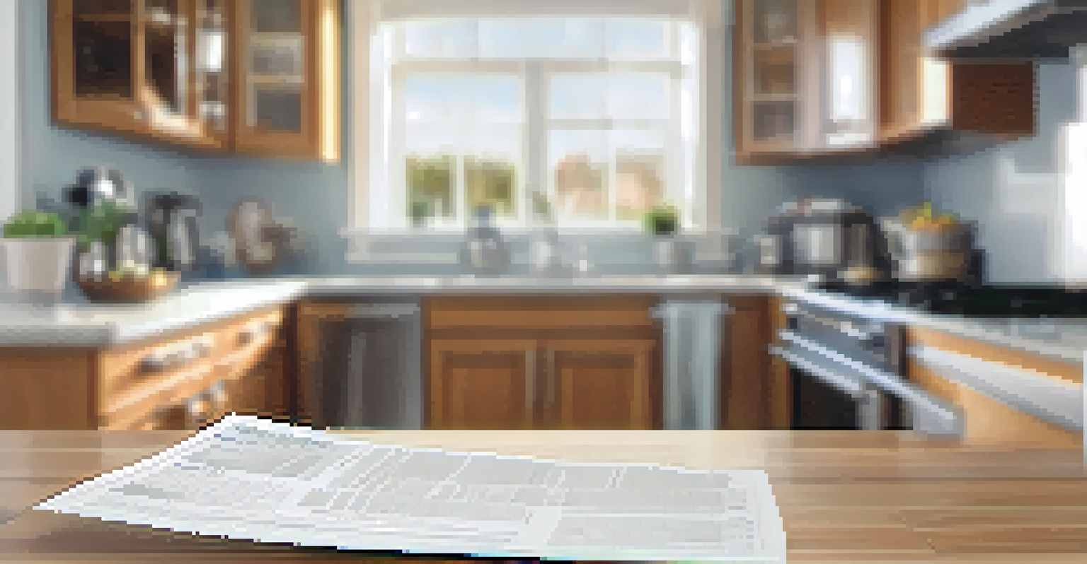A close-up of a hand holding a home warranty document, with a blurred modern kitchen in the background.
