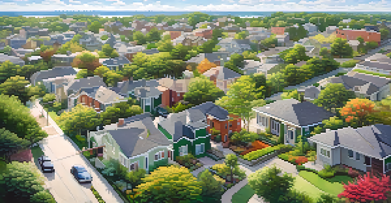 Aerial view of a neighborhood with homes featuring green roofs, showcasing a mix of plants and flowers against the urban backdrop.