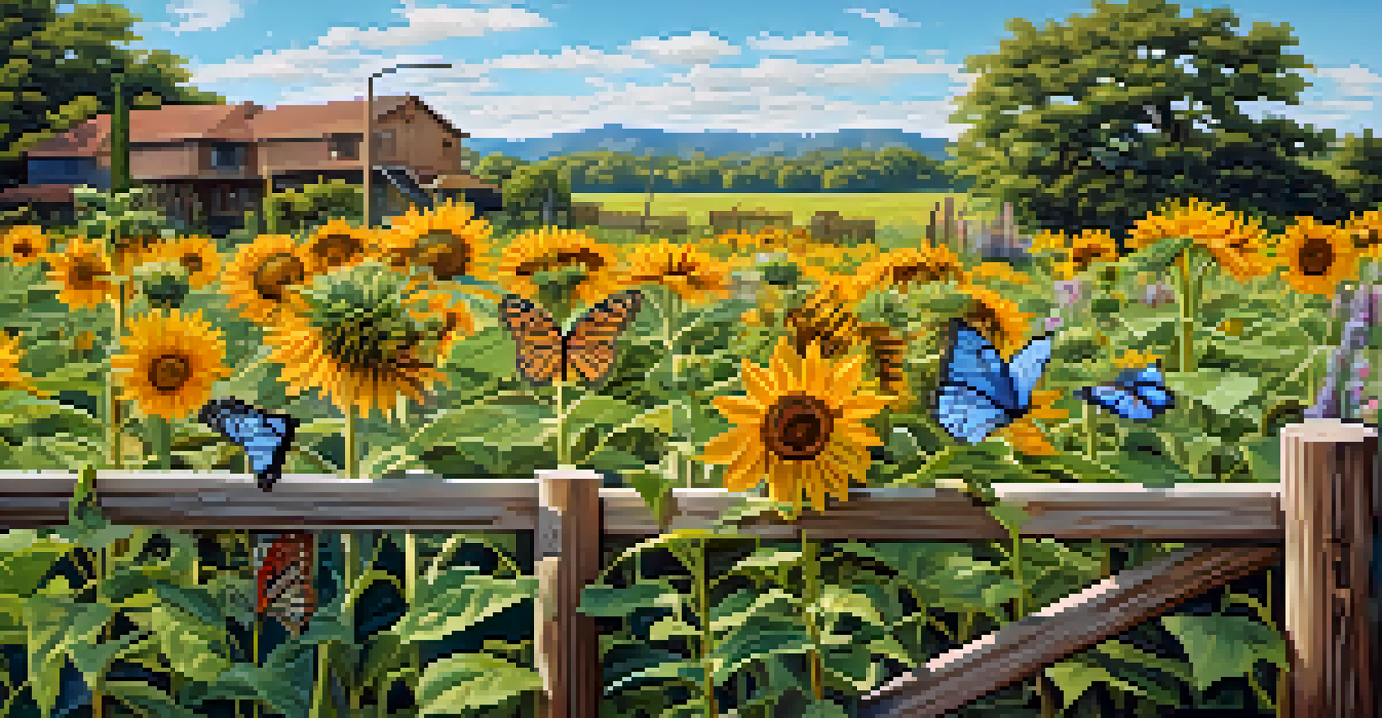 An eco-friendly garden with native plants attracting butterflies and bees, featuring milkweed and sunflowers against a blue sky.