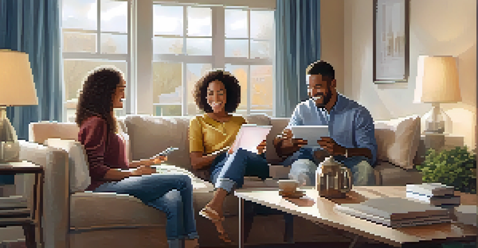 A family happily interacting with a real estate agent in a cozy living room, looking at house listings on a tablet.