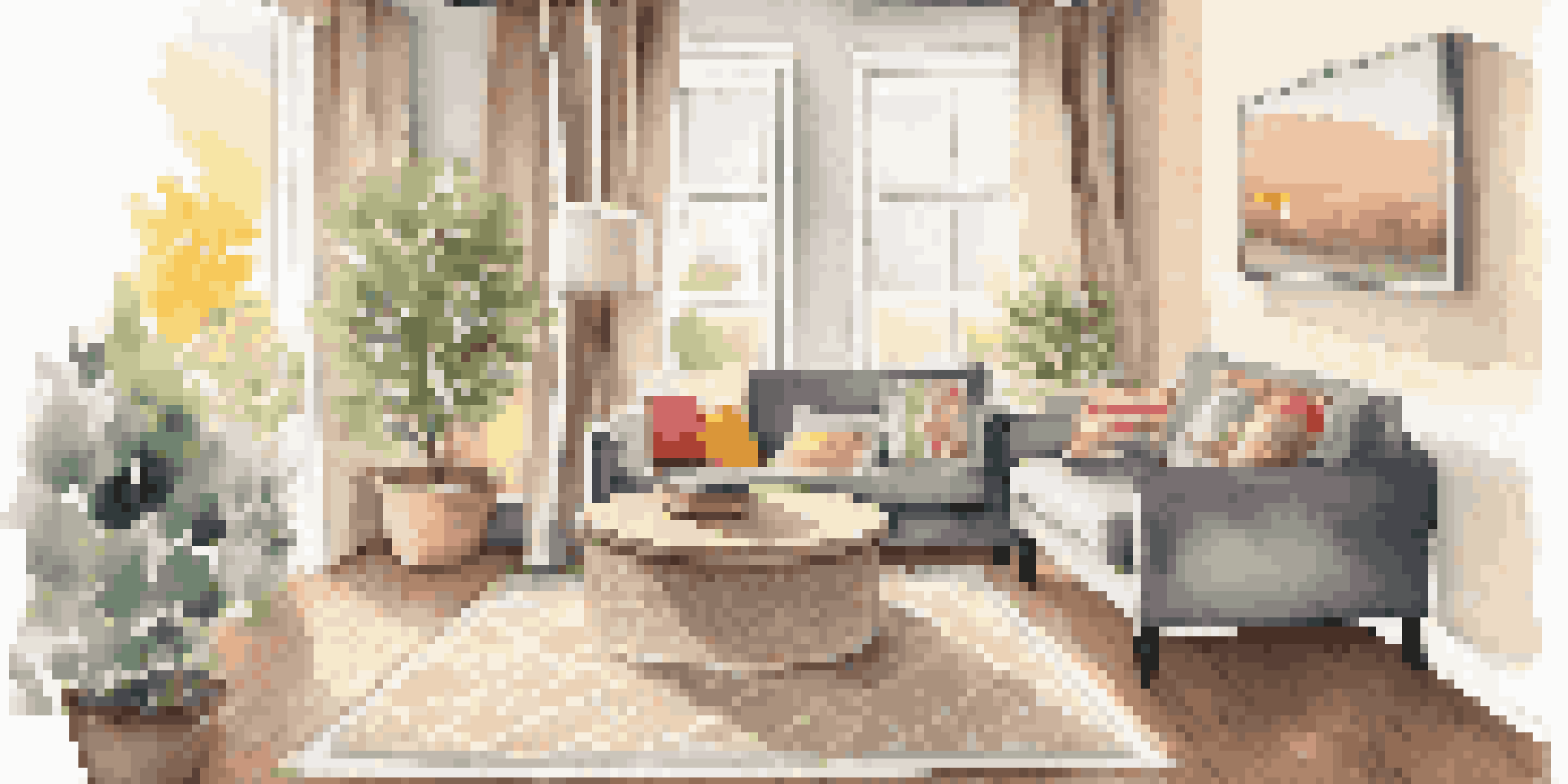 A warm and inviting small living room with beige walls, a gray sofa adorned with pillows, and a woven rug, filled with natural light from sheer curtains.