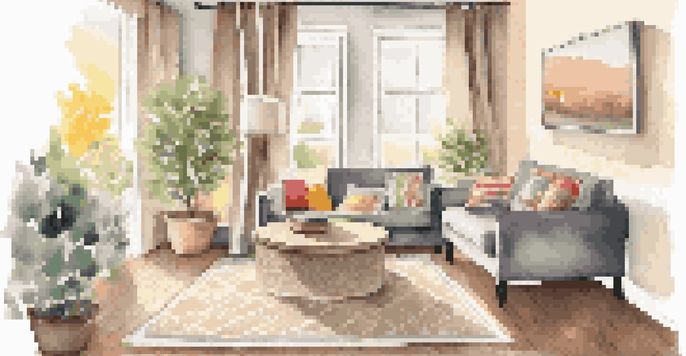 A warm and inviting small living room with beige walls, a gray sofa adorned with pillows, and a woven rug, filled with natural light from sheer curtains.
