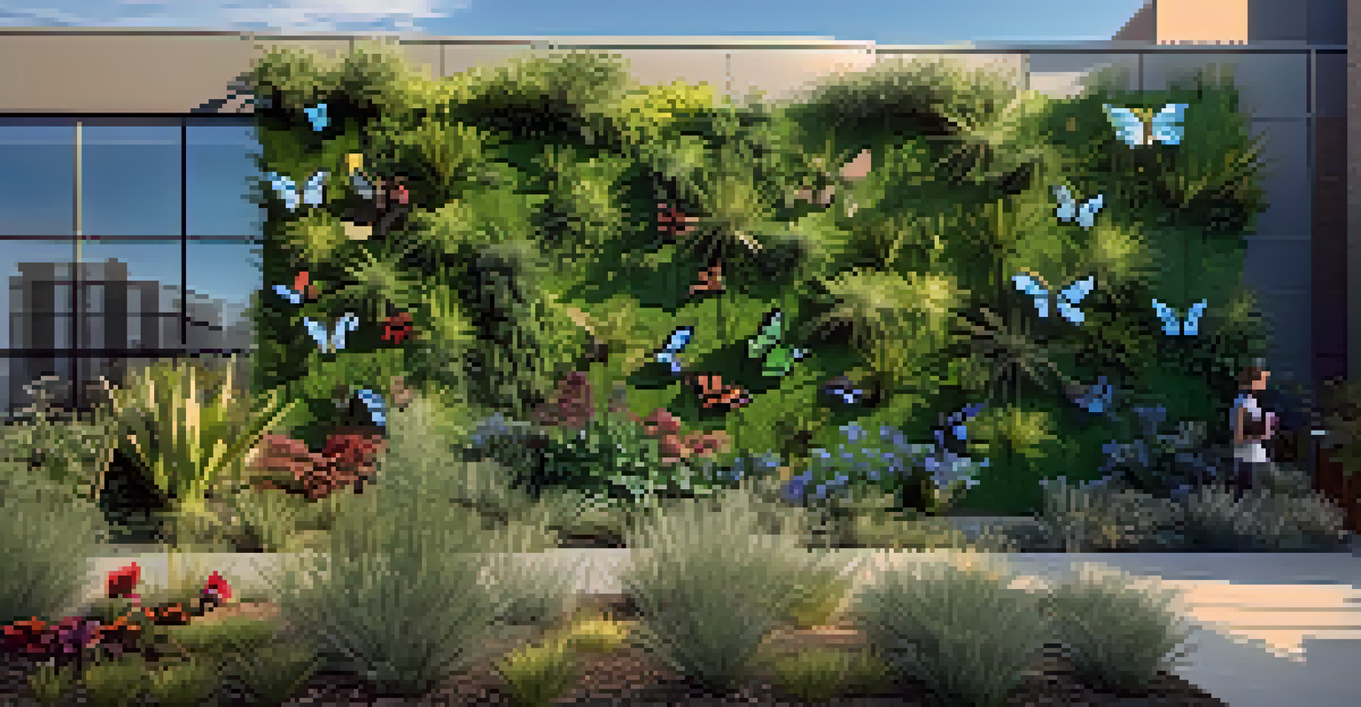 An outdoor green wall in an urban area, featuring native plants and butterflies.