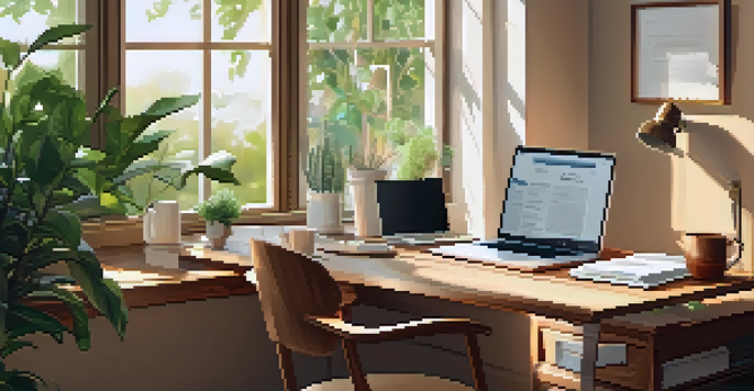 A cozy home office with a desk filled with insurance documents, a laptop, and a coffee cup, illuminated by natural sunlight.