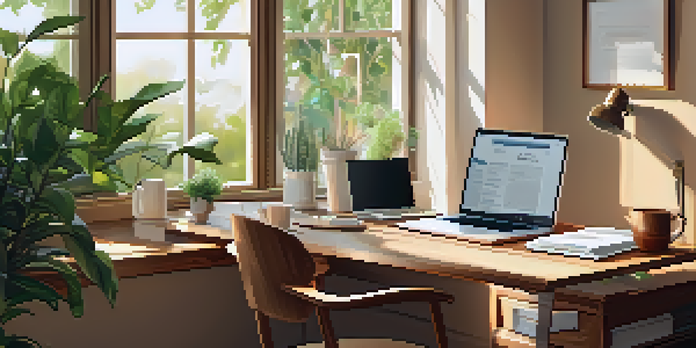 A cozy home office with a desk filled with insurance documents, a laptop, and a coffee cup, illuminated by natural sunlight.