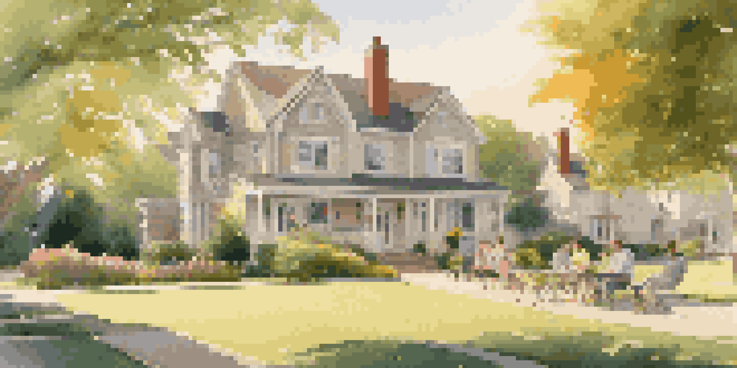A peaceful suburban neighborhood with families enjoying a picnic on the lawn during golden hour.