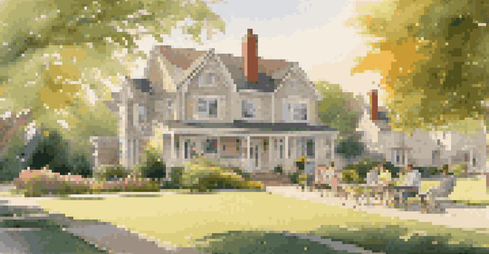 A peaceful suburban neighborhood with families enjoying a picnic on the lawn during golden hour.