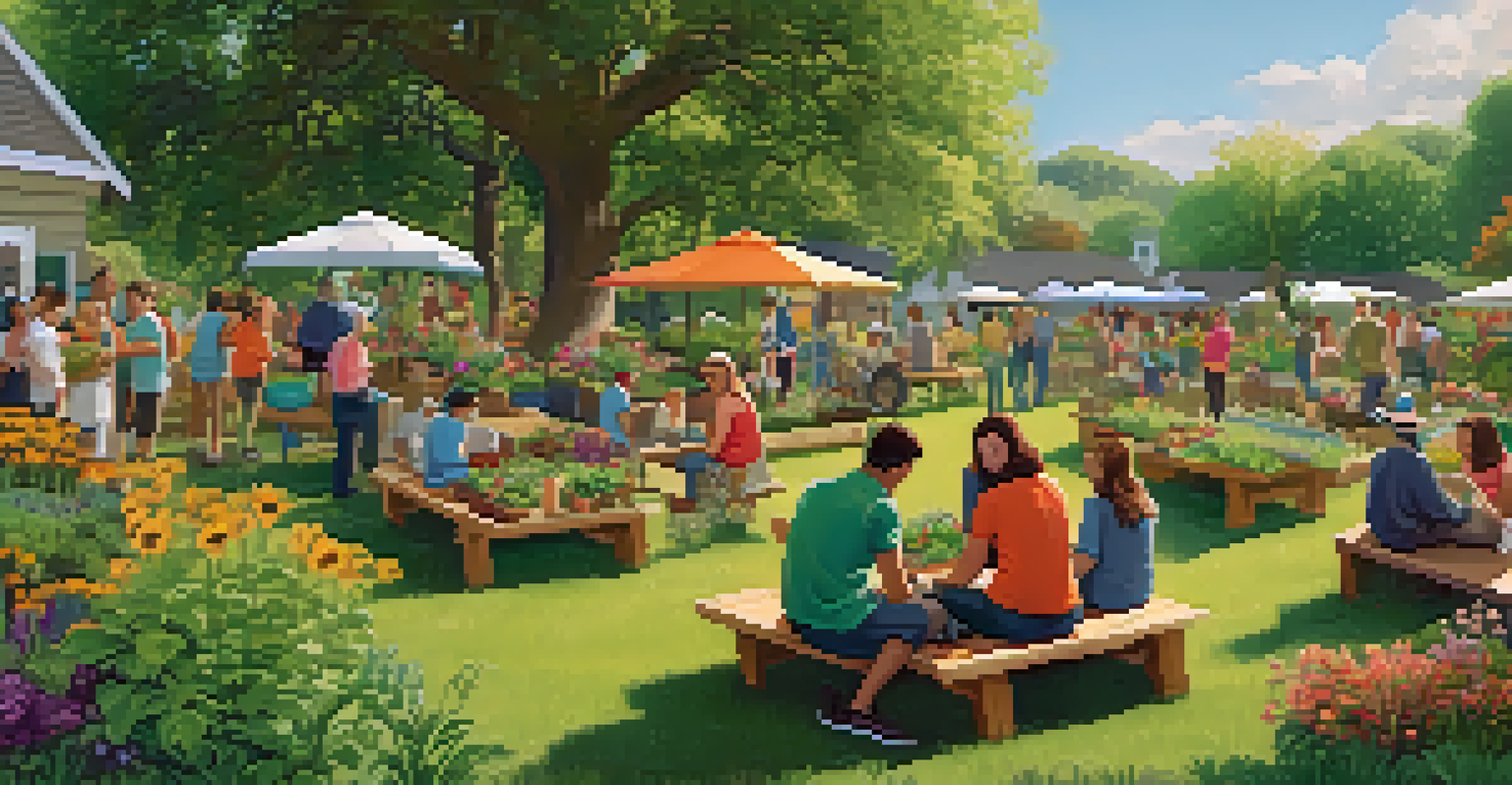A vibrant community gathering in a garden, with people sharing sustainable living tips and engaging in gardening activities.